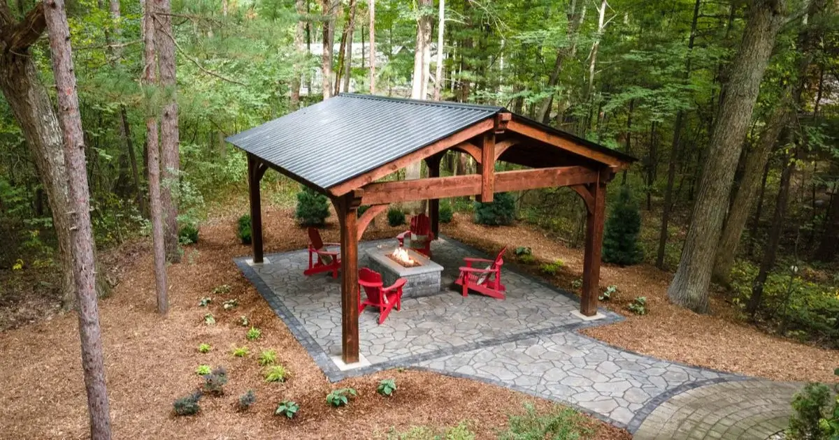 Aerial view of custom timber pavilion with fire pit